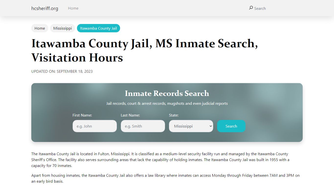 Itawamba County Jail , MS Inmate Search, Visitation Hours